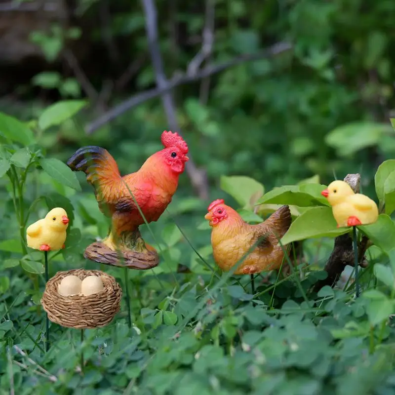 Latest 1set Rooster Chicken Figurines Farm Animal Model Miniature Garden DIY Landscaping Cartoon Hen Chick Ornament Home Decor