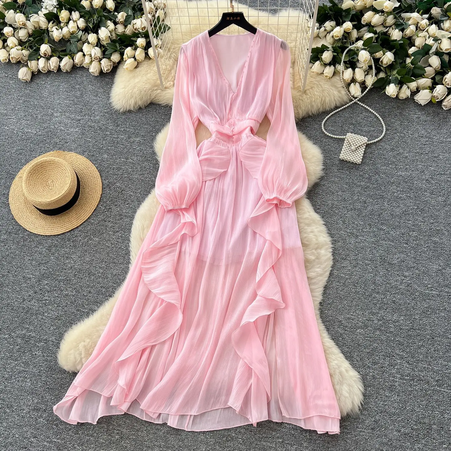 

Dress Women Long Dresses A Line Vestidos Lantern Sleeve V Neck Tight Waist Elegant Splice Y2k Work Party Night Work 2025