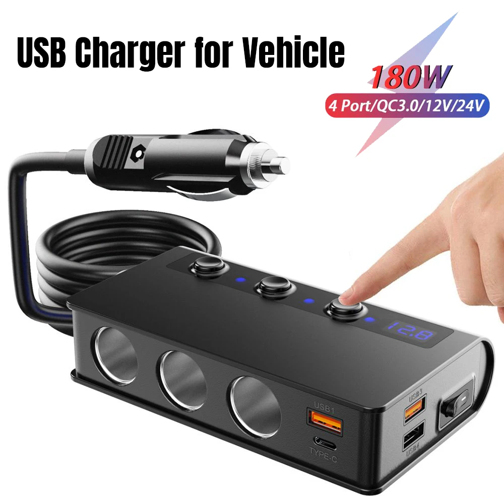 

12V Car USB Socket In The Car 180W Cigarette Lighter Plug Automotive Cigar Socket Type C Cell Phone Charger for Car Assecories