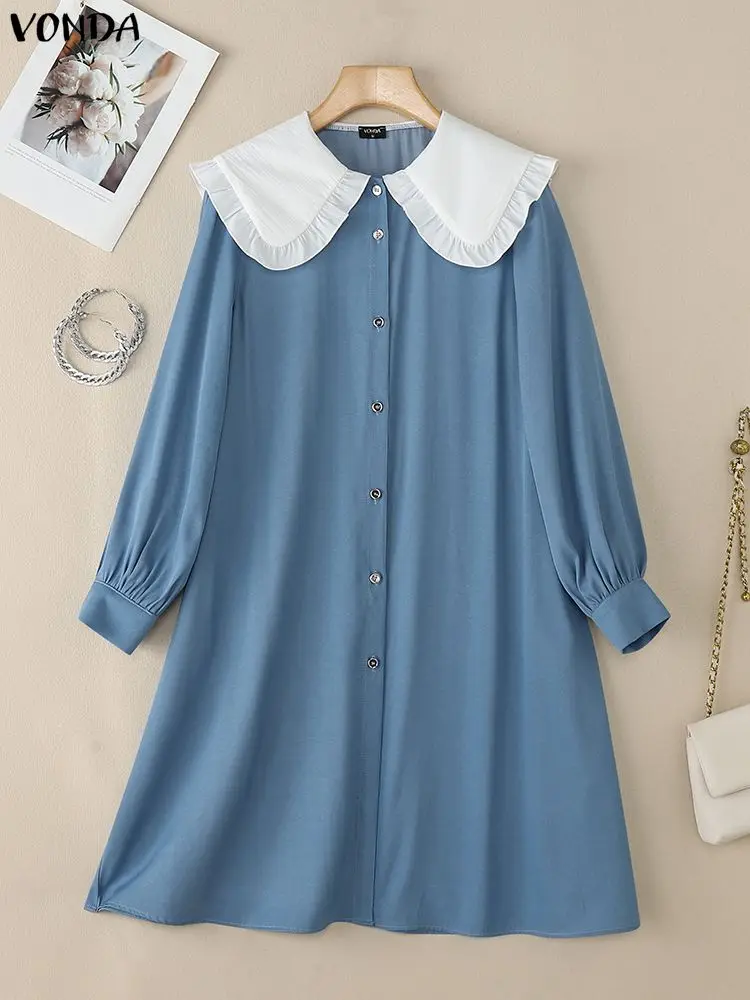 2025 VONDA Fashion Long Shirt Dress Women Autumn Long Sleeve Peter Pan Collar Party Vestidos Spring Casual Elegant Office Robe