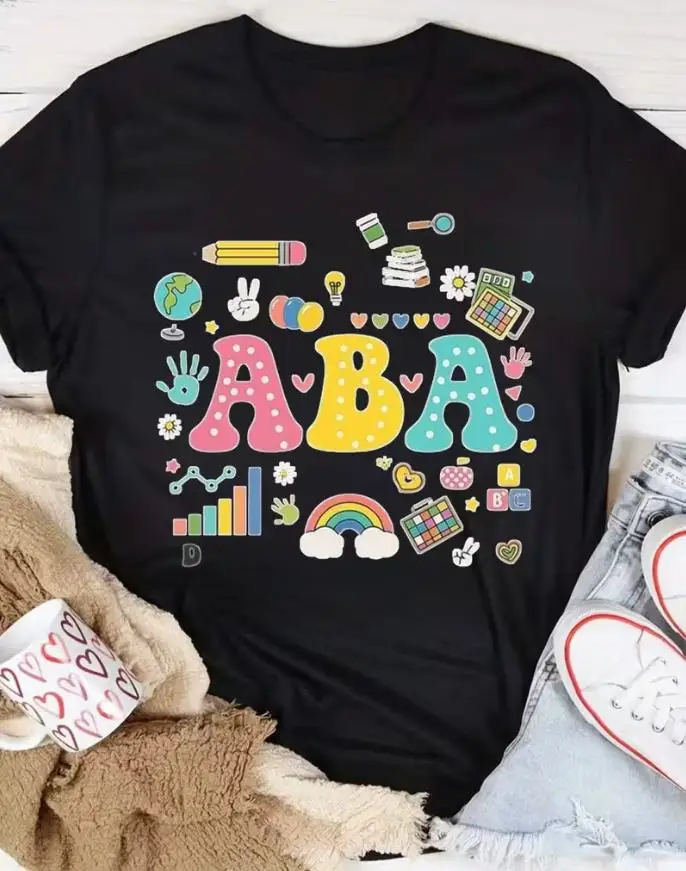 Women ABA Therapist Graphic T Shirt Colorful Polka Dot ABA Letter School Supply Rainbow Print Round Neck Short Sleeve Casual Tee Special Education Teacher Gift Top