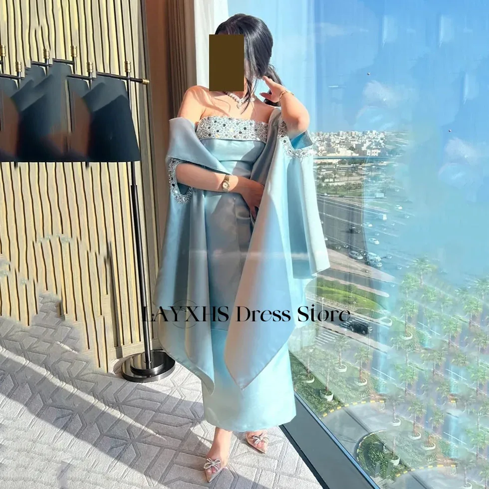 LAYXHS หรูหรา 2 ชิ้นชุดราตรีสีฟ้า Strapless ลูกปัดผ้าคลุมไหล่ชา-ความยาว Party Prom Gowns ที่กําหนดเอง