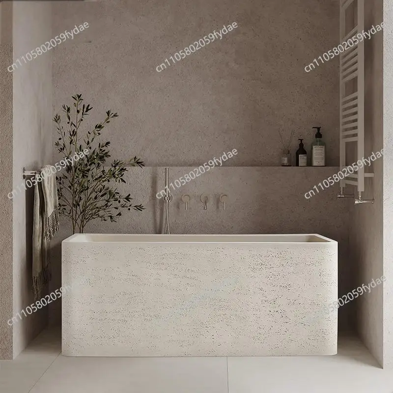 

"Wabi Sabi Cream Square Bathtub - Freestanding Artificial Stone Soaking Tub for Hotel Spa Bathroom, Minimalist Design"