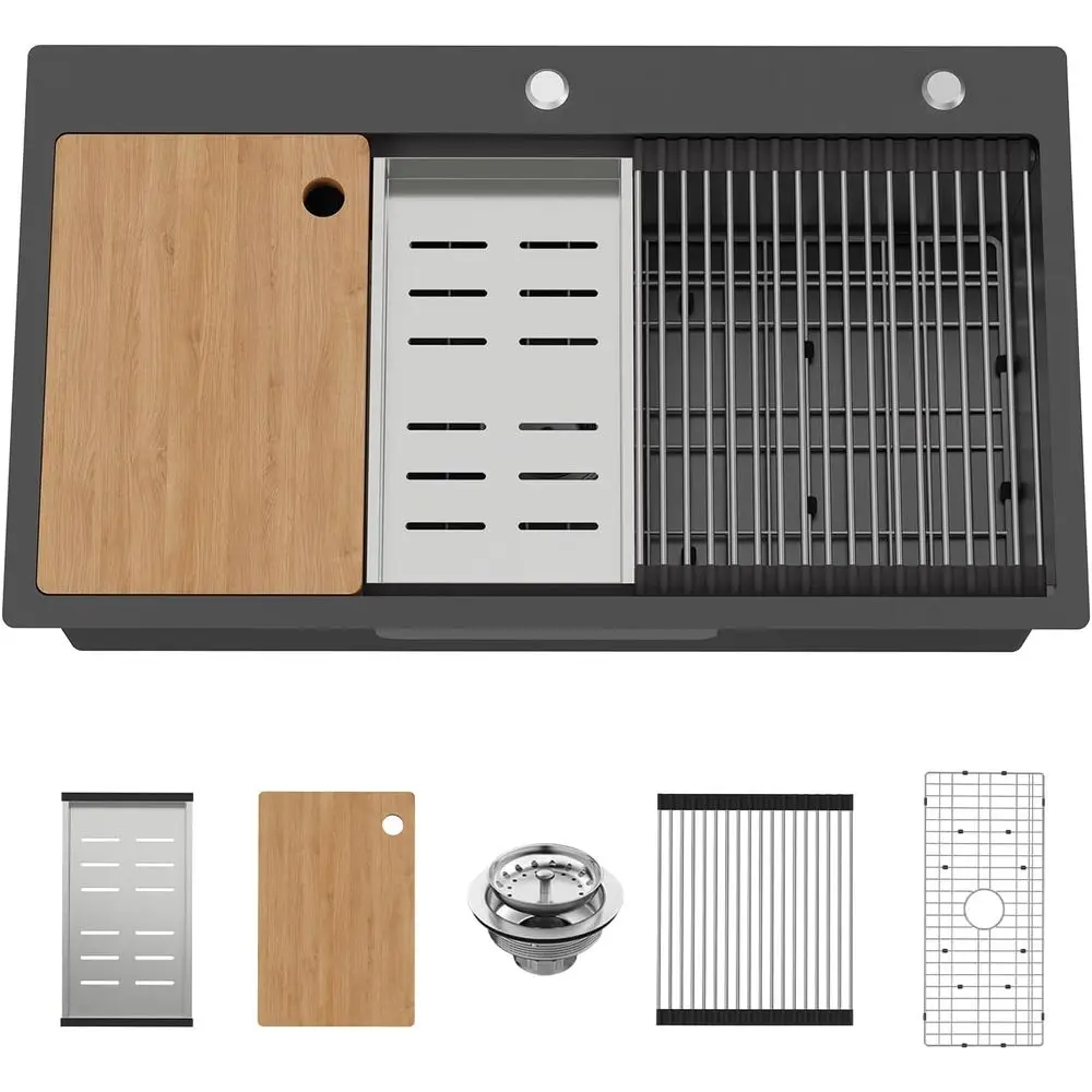 

Kitchen Sink Workstation, 33x19 In Stainless Steel Drop In Sink With Large Single Bowl, Grid, Drying Rack, Cutting Board, Drain