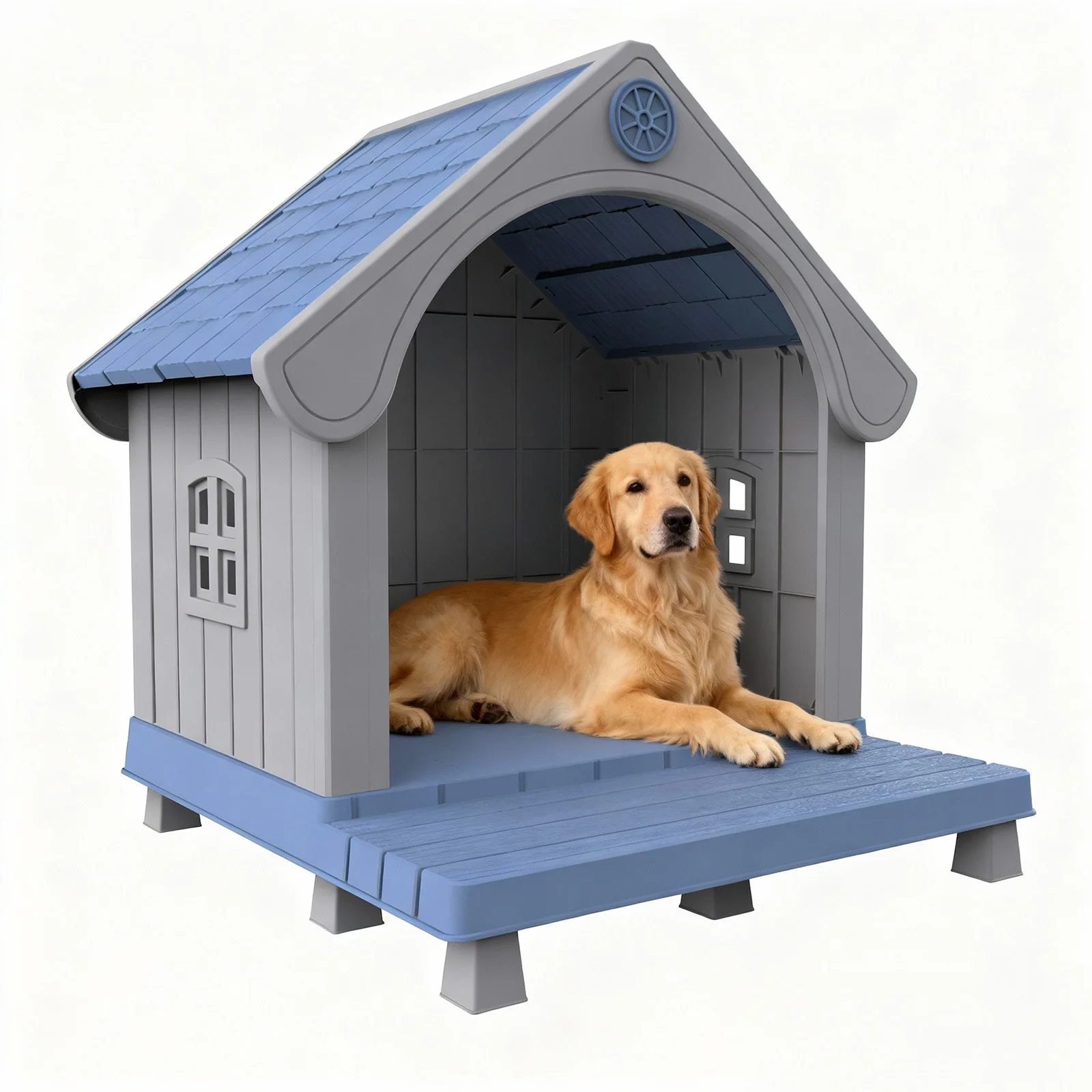 

Elevated Resin Dog House with Porch, Waterproof Outdoor Dog Bed for Medium Large Dogs