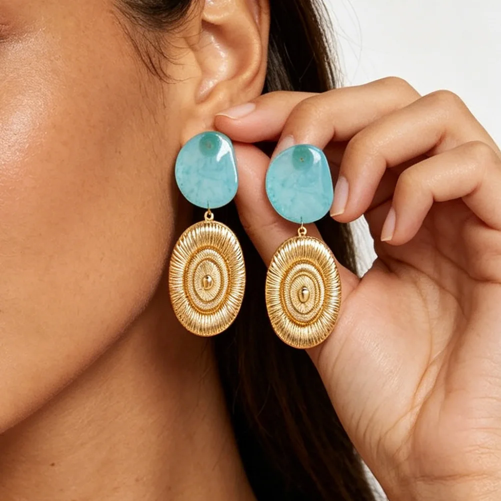 ZA pink plate alloy earrings retro metal texture oval earrings versatile vacation style stud earrings female source