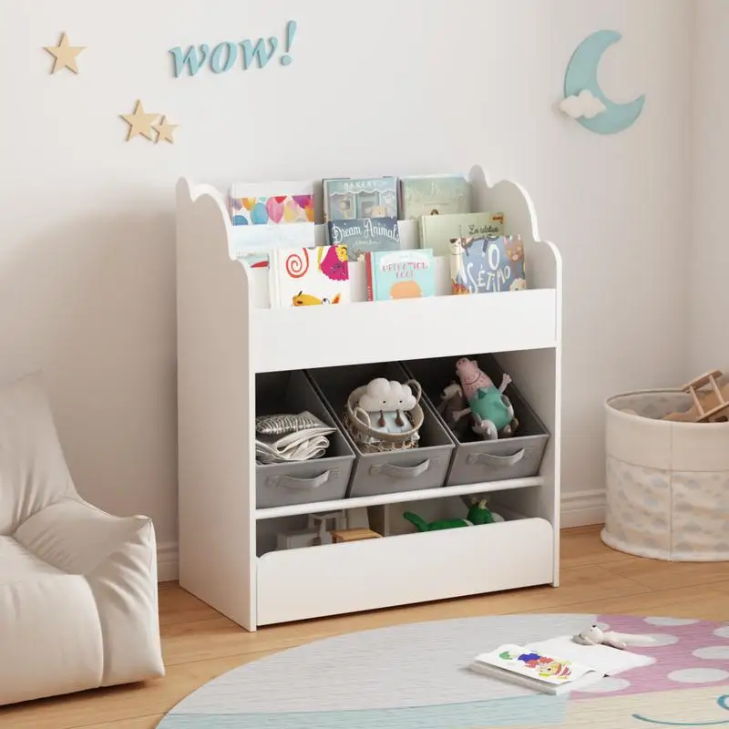 

Multi-Functional Wooden Bookshelf with Storage Bins and Drawer, White Book Organizer for Toddlers, Ideal for Toys and Nursery