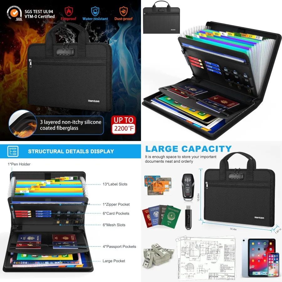 

Hontom Fireproof Accordion File Organizer with Lock 13 Pockets Expanding File Folder with Handle Portable Business Document Org