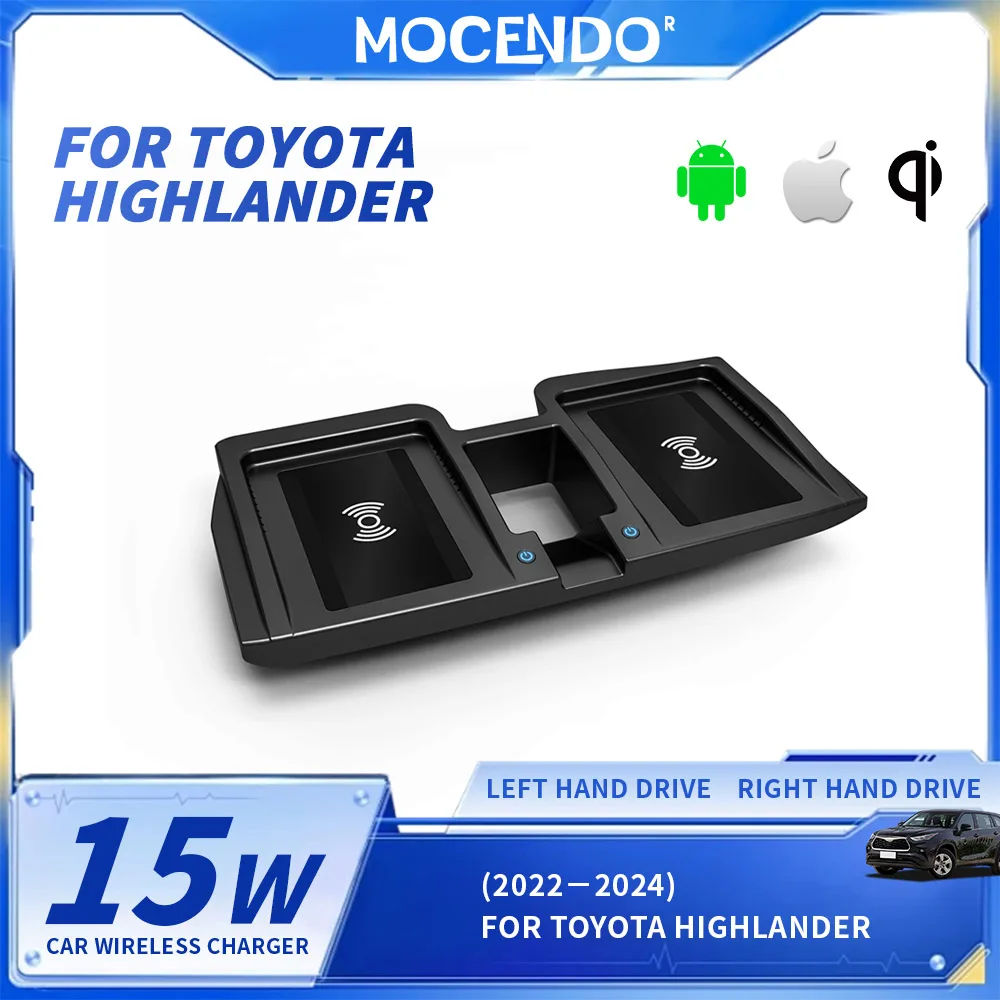 Carregador sem fio para carro para Toyota Highlander 2022-2024, suporte para celular, base de carregamento, carregamento rápido, acessórios.