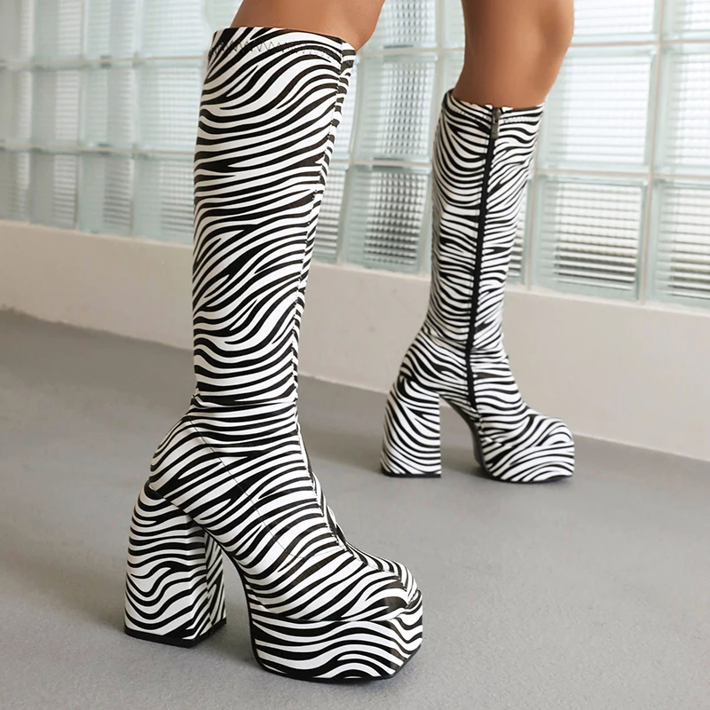 Plus Size Square Toe Platform Super High Thick Heel Snake Print Knee High Boots Popular Zebra Print Side Zipper Women\'s Boots