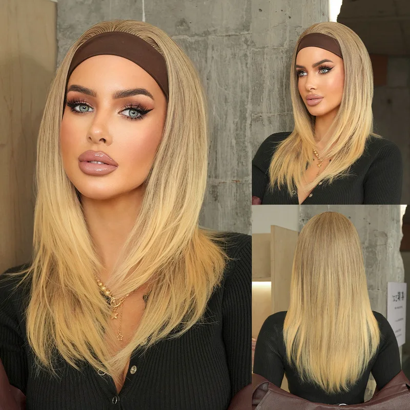 European and American style headband wig for women featuring a gradient brown color layered straight hair shoulder-length