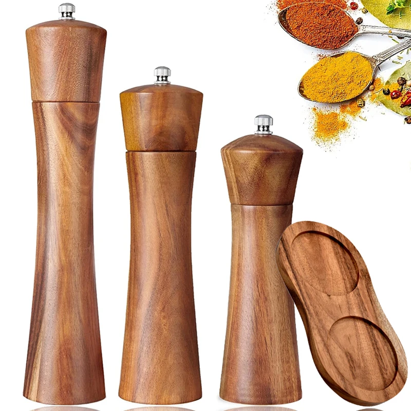 FLYMUYU Salt and Pepper Grinder Acacia Wooden Spice Pepper Mill with Strong Adjustable Ceramic Grinder Kitchen Cooking Tools