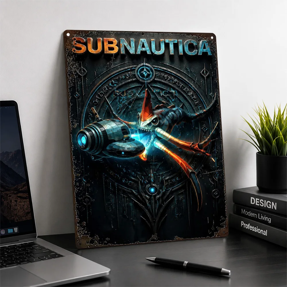 Subnautica Submarine Emblem Textured Metal Poster Sculptural Style Wall Art For Gaming Room Personalized Aluminum Sign Fan Gift