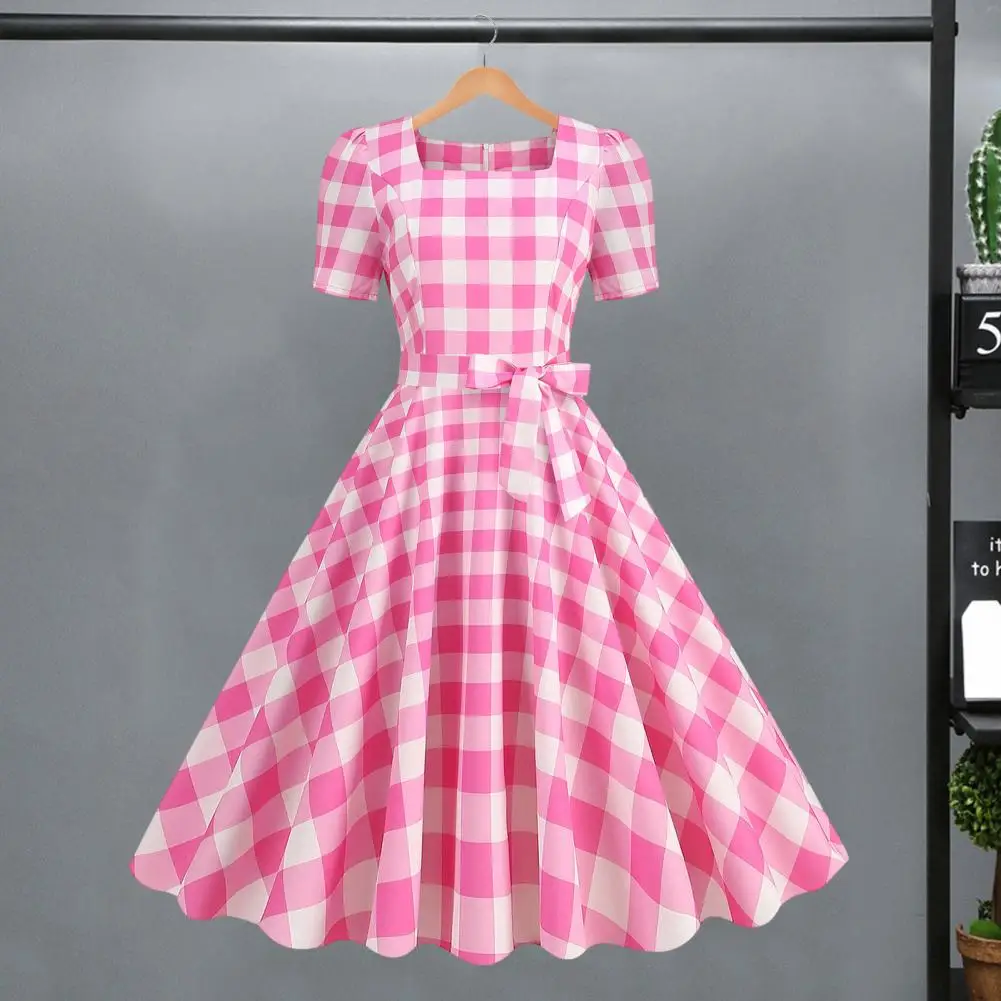 

Plaid Print Retro Dress Retro Plaid Print A-line Swing Dress with Square Collar Bowknot Decor for Women Vintage Cocktail Party