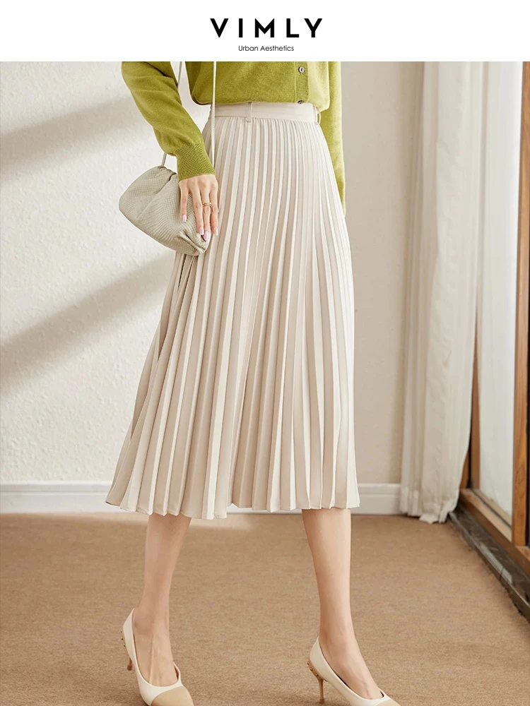 Vimly Pleated Skirt for Women 2023 Spring Autumn Korean Fashion Solid High Waist A-line Midi Skirts Woman Elegant Clothing V7855