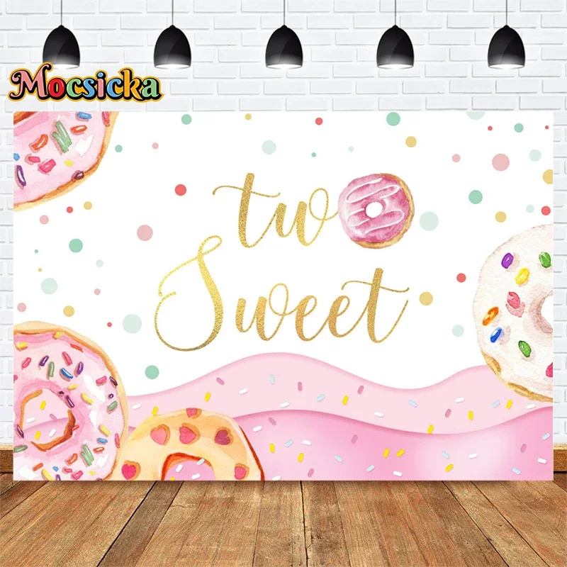 Mocsicka Girls 2st Happy Birthday Party Photography Backdrop Donut Background Cake Smash Customisable Banner Studio Props