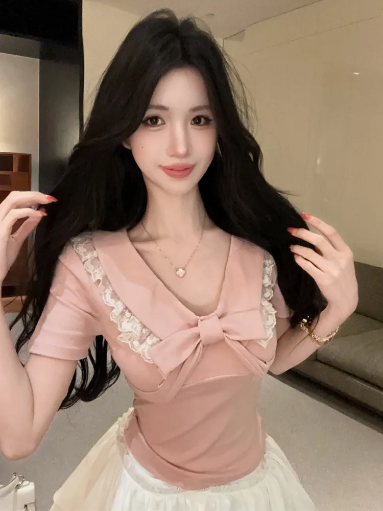 

Slim Fit Uniform Set with Lace Trim Short Sleeve T-Shirt And Puffy Short Skirt Two Piece Set for Women Korean Style Commute