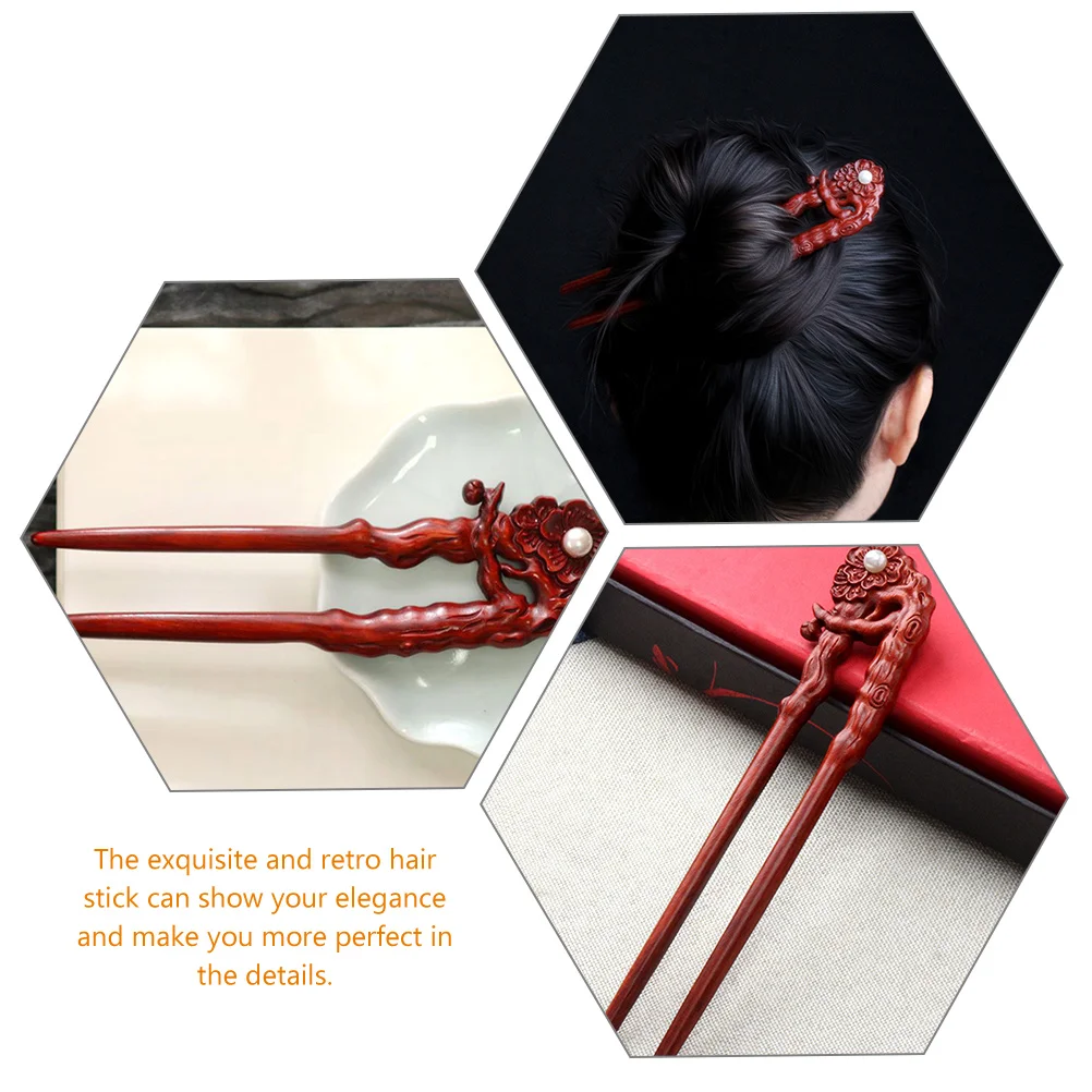 Wooden Fork Retro Carving Sandalwood Plum Blossom Double Hairpin Clip for Bun Styling Accessories Women for