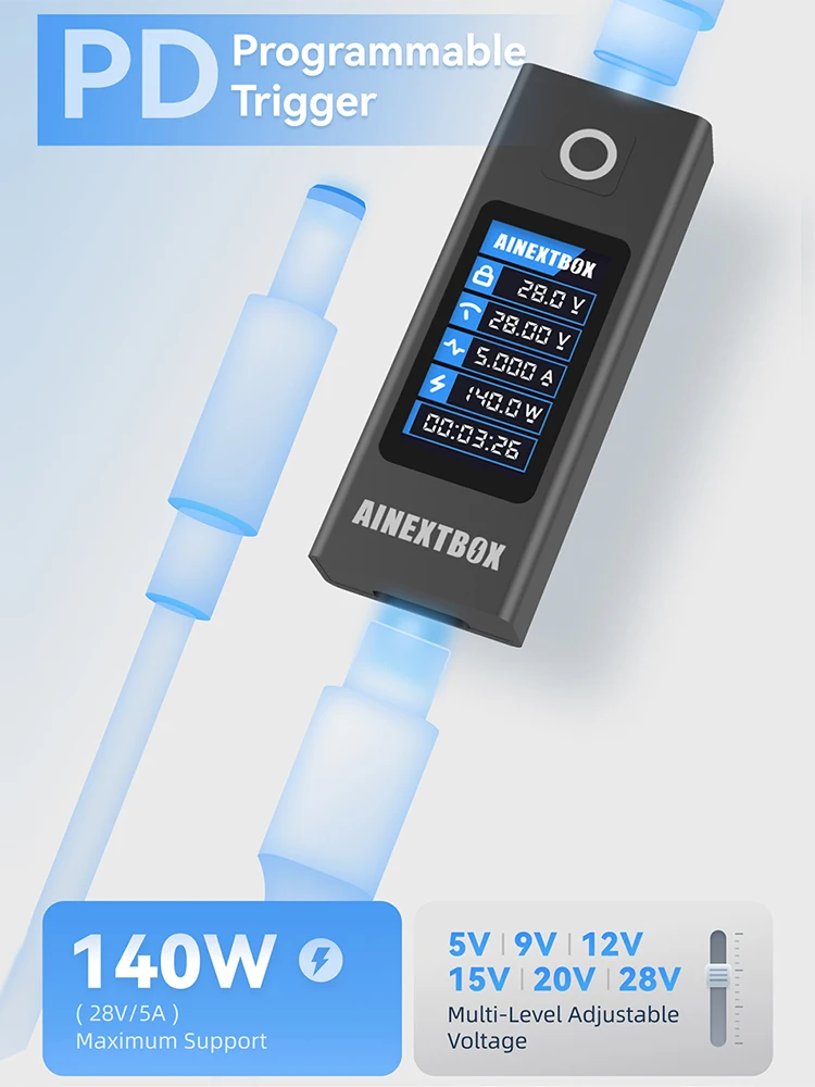 140W PD Schnellladegerät, 5-28V Einstellbares Typ-C zu DC-Kabel mit IPS-Display, Universell für Laptop und Router