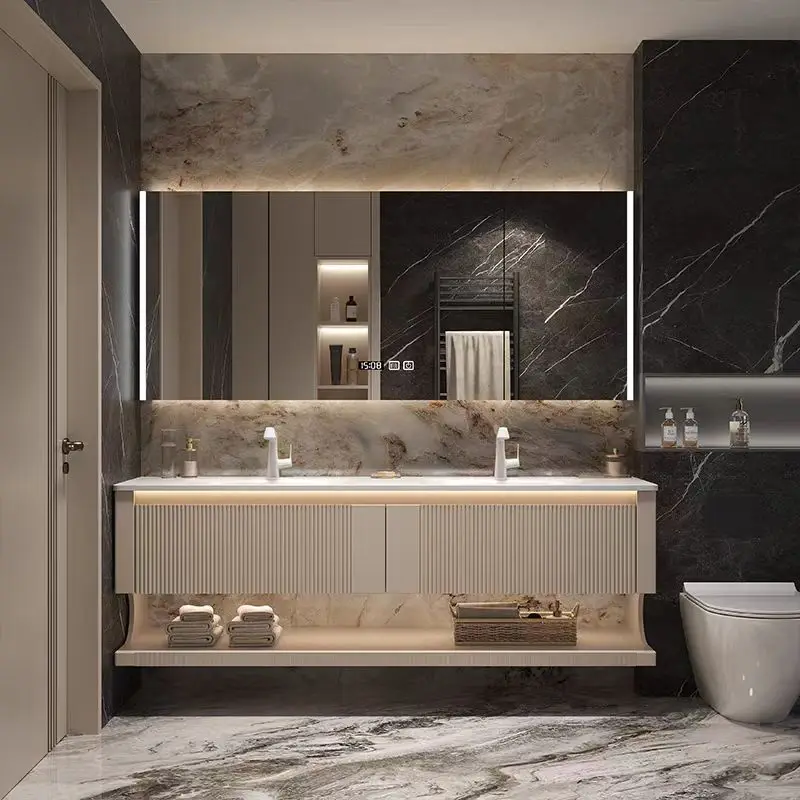 

Modern Double Basin Bathroom Cabinet Combination Rock Slab Hot Bending Integrated Bathroom Hand Wash Face Wash Basin Cream Style