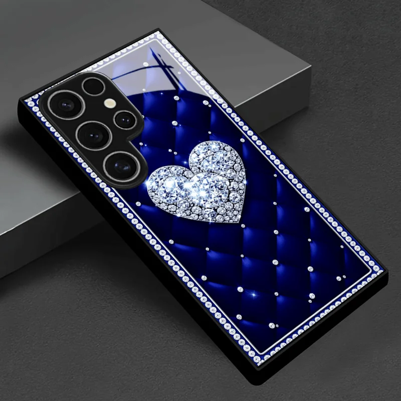 Blue Quilted Diamond Heart Glass phone case mobile phones fashion phone cases for Samsung Galaxy S26 S25 S24 S23 FE,Ultra,Plus