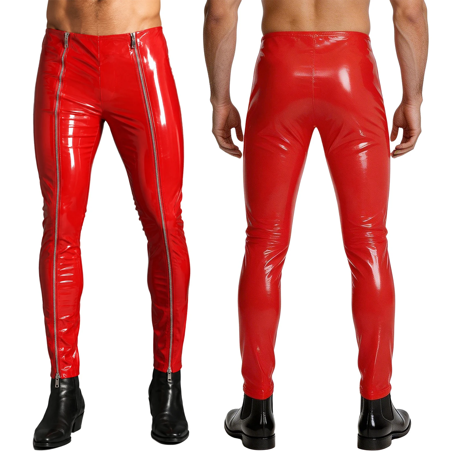 Men Wet Look Patent Leather Pants High Waist Zippers Leggings for Daily Street Club Rave Party Motorcycle Riding Pole Dance