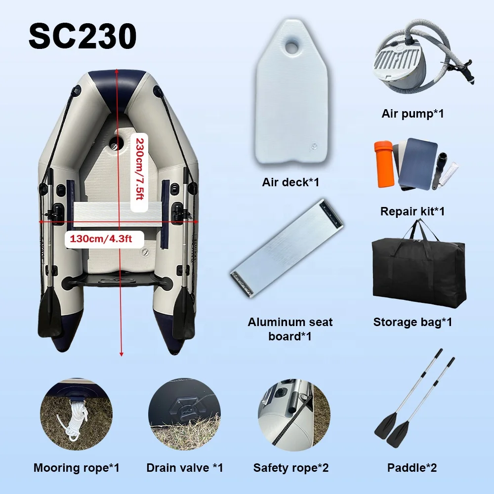 Wholesale Price 2.3M 7.5ft Assault Speed Air Mat Mattress Floor 2 Person 0.9 MM PVC Inflatable Pontoon Boat Dinghies