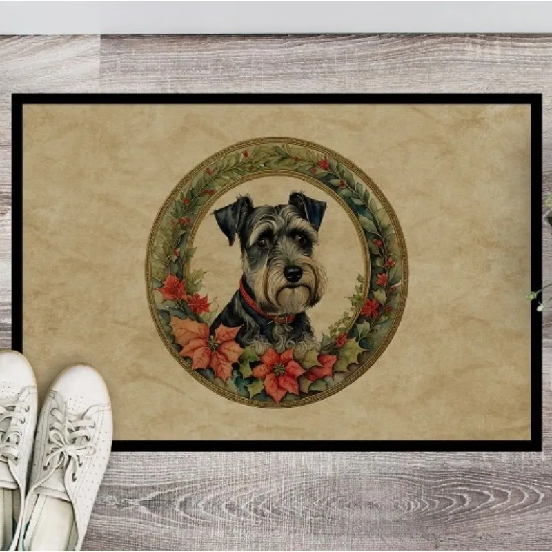

NEW Schnauzer Christmas Flowers Doormat Front Door Mat for Indoor & Outdoor Entryway, Non-Slip Washable Low Pile