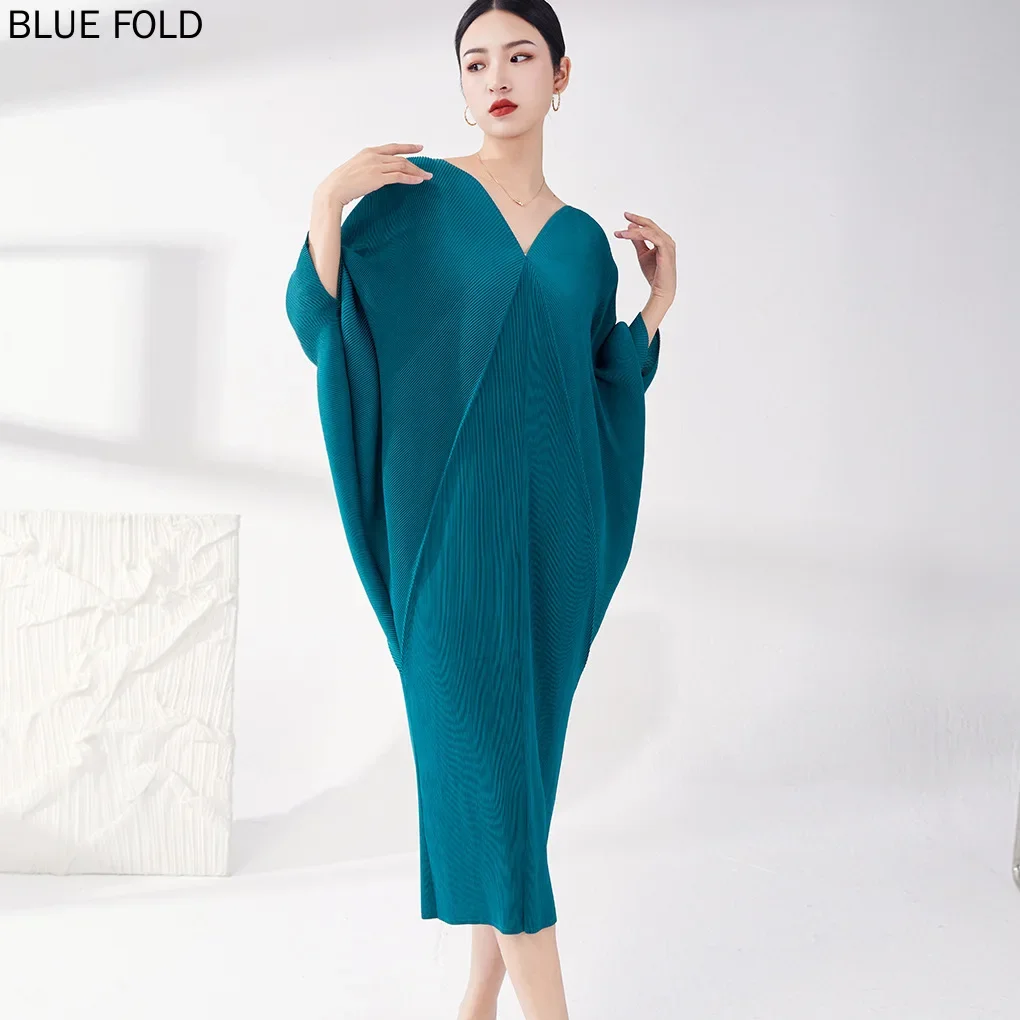 

MIYAKE PLEATS-Женское платье средней длины с рукавами «летучая мышь», свободное, нестандартное, большого размера, высокое качество, новое, высокое качество