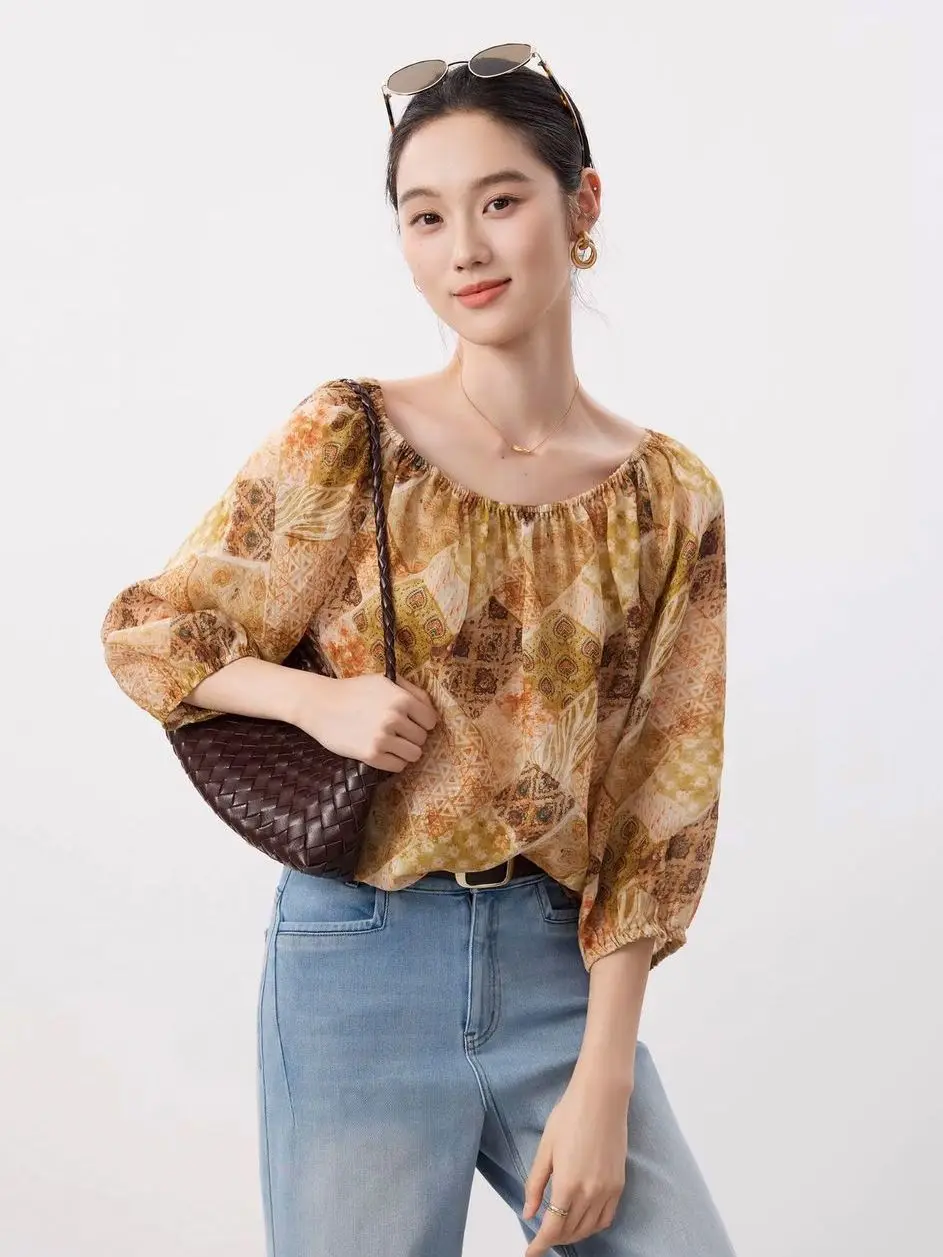 

Dave&di Printed One Cut Collar With Artistic Style And Seven Quarter Sleeves, Lightweight And Breathable Pure Ramie Top