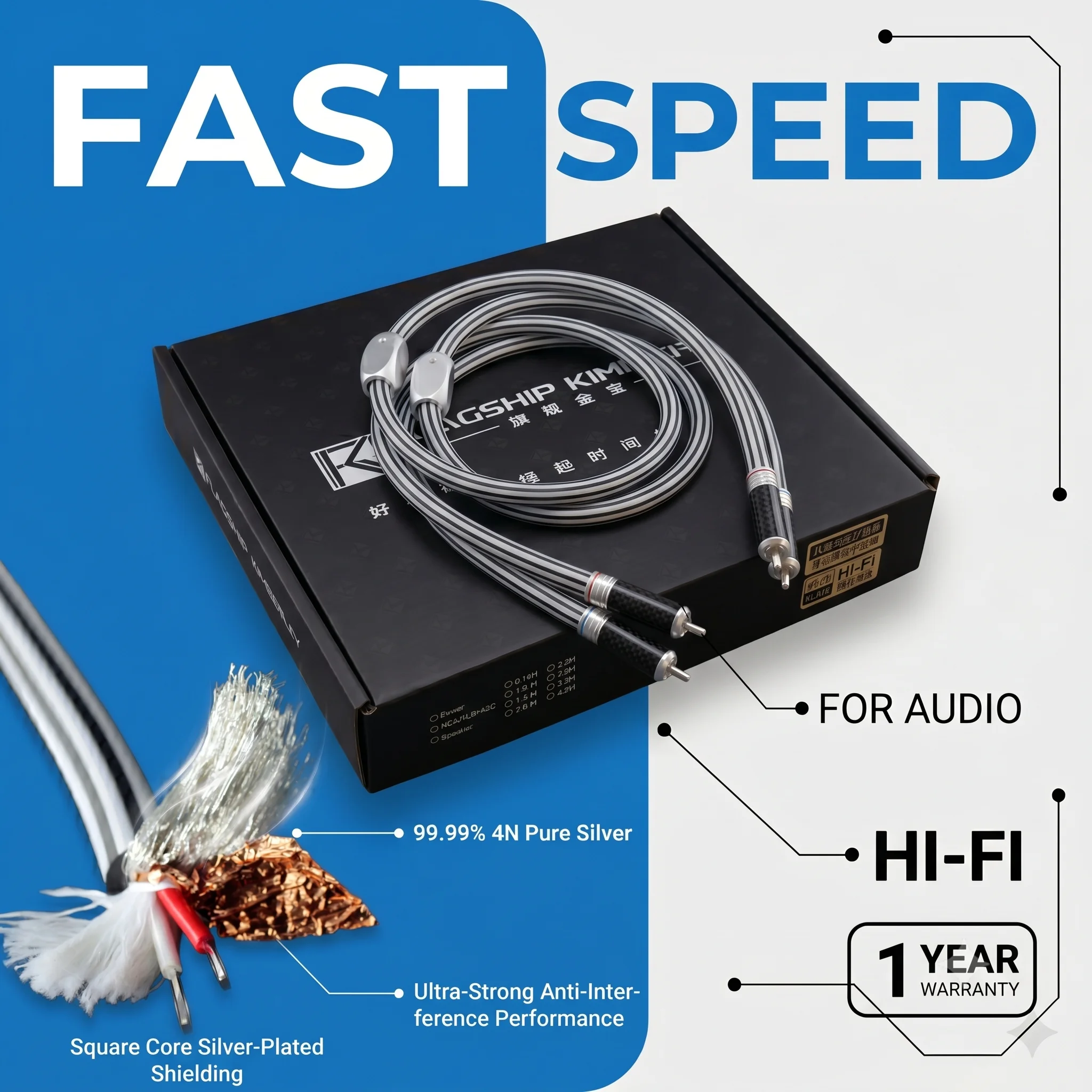 99.99% Pure Silver Audio Cable RCA HiFi Interconnect Shielded Carbon Fiber RCA Plug Lossless Transmission for Home Theater
