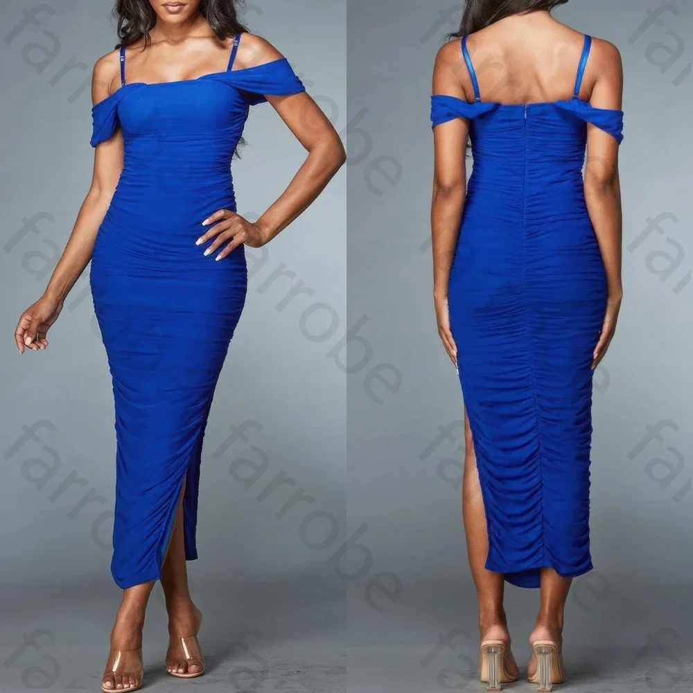 

Customized Royal Blue Off Shoulder Mesh Midi Dress A-Line Evening Dresses Formal Exquisite High Quality Prom Party Gowns Women