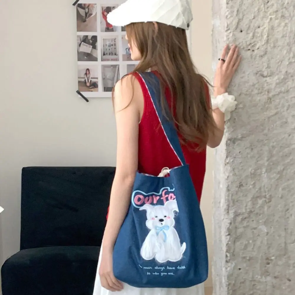 

Simple Korean Style Cartoon Embroidery Denim Bag Leisure Casual Puppy Shoulder Bag Commuting Kawaii Denim Shoulder Bag Outdoor