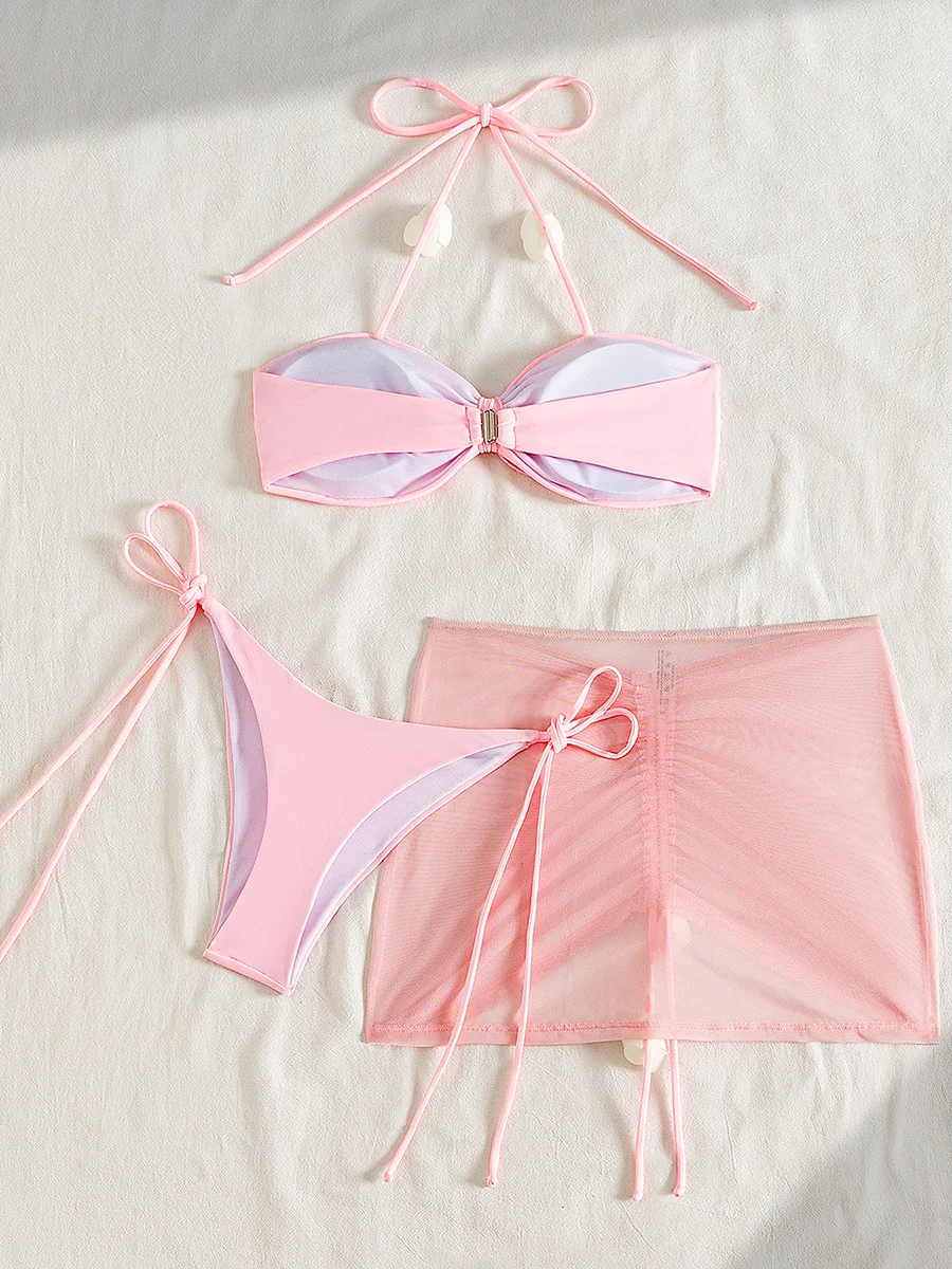 3D Flower Halter Bow Knotted Bikini Women Swimsuit Female Swimwear Three pieces Bikini Set Bather Bathing Suit Swim Beachwear