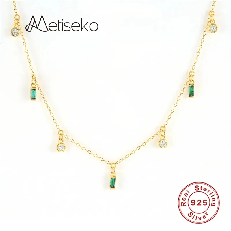 

Metiseko 925 Sterling Silver Chain Colorful 5A Cubic Zircon Square Pendants Choker Necklace Plated 14K Gold Necklace for Women