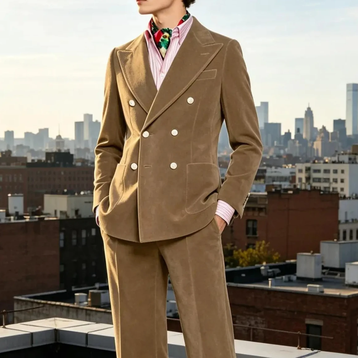 

Elegant Men's Wedding Suit 3-pcs Set Khaki Velvet Jacket Pants with Satin Vest Custom Slim Fit Attire for Cocktail Prom Party