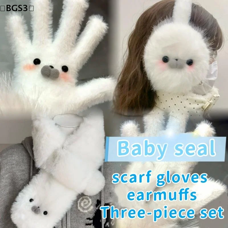 Conjunto de Bufanda y Orejeras de Felpa con Diseño de Foca para Niños y Estudiantes, Bufanda de Piel Sintética Cruzada, Guantes, Protección para el Cuello, Kawaii, para Niñas, Cálida para Exteriores