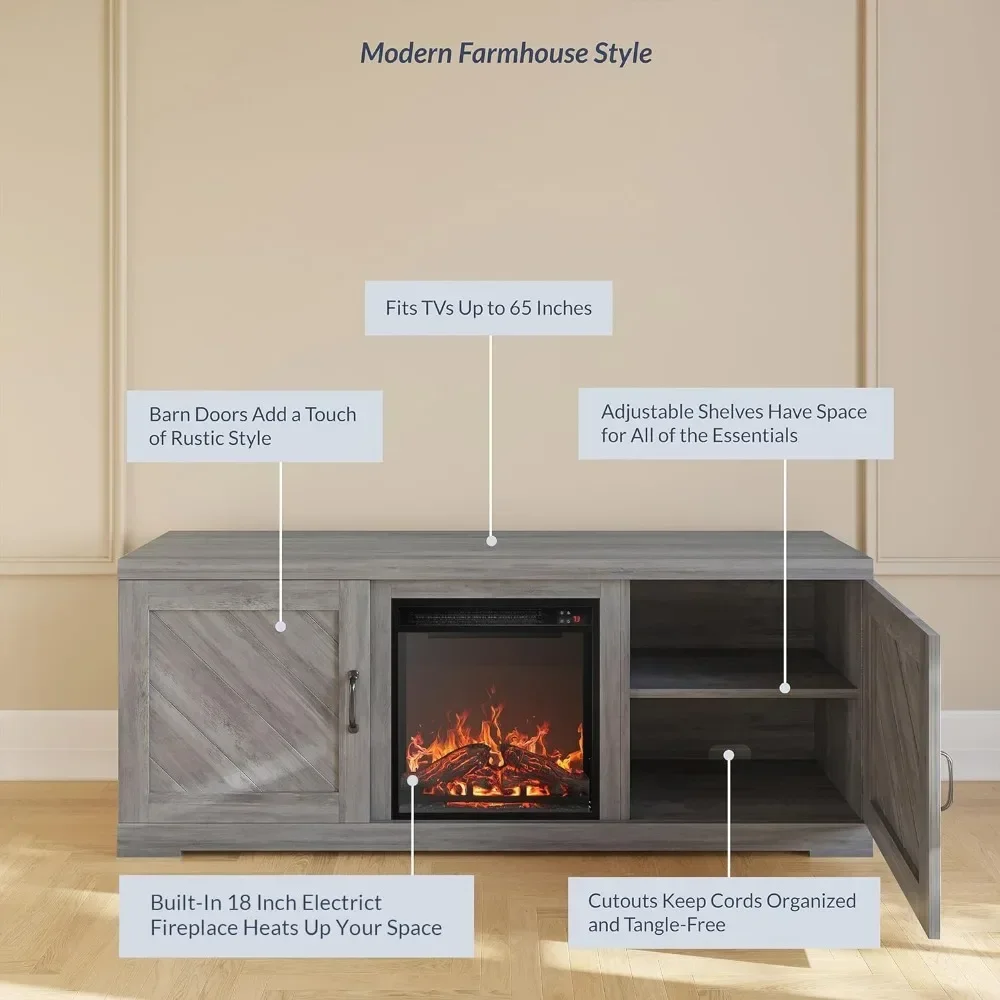 Современная 58-подставка для телевизора в фермерском доме с 18-дюймовым электрическим каминным обогревателем и технологическим развлекательным центром для телевизора до 65 дюймов, консольный столик