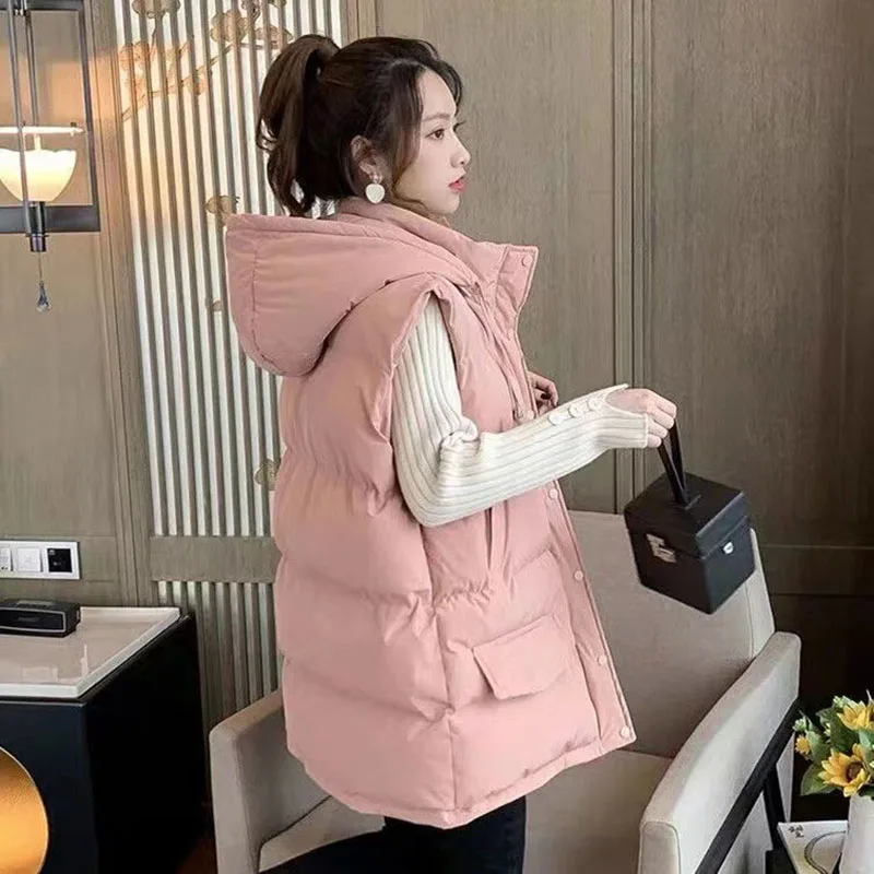 2024 New Mid-length Down Cotton Women\'s Vest Coat Autumn Winter Solid Color Hooded Casual Zipper Waistcoat Ladies Vest Jacket