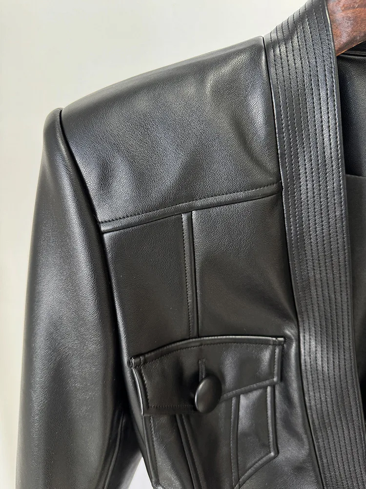 TOP QUALITY Newest 2025 Designer Jacket Women's Belt Slim Fitting Leather Button Pocket Decoration Artificial Leather Blazer