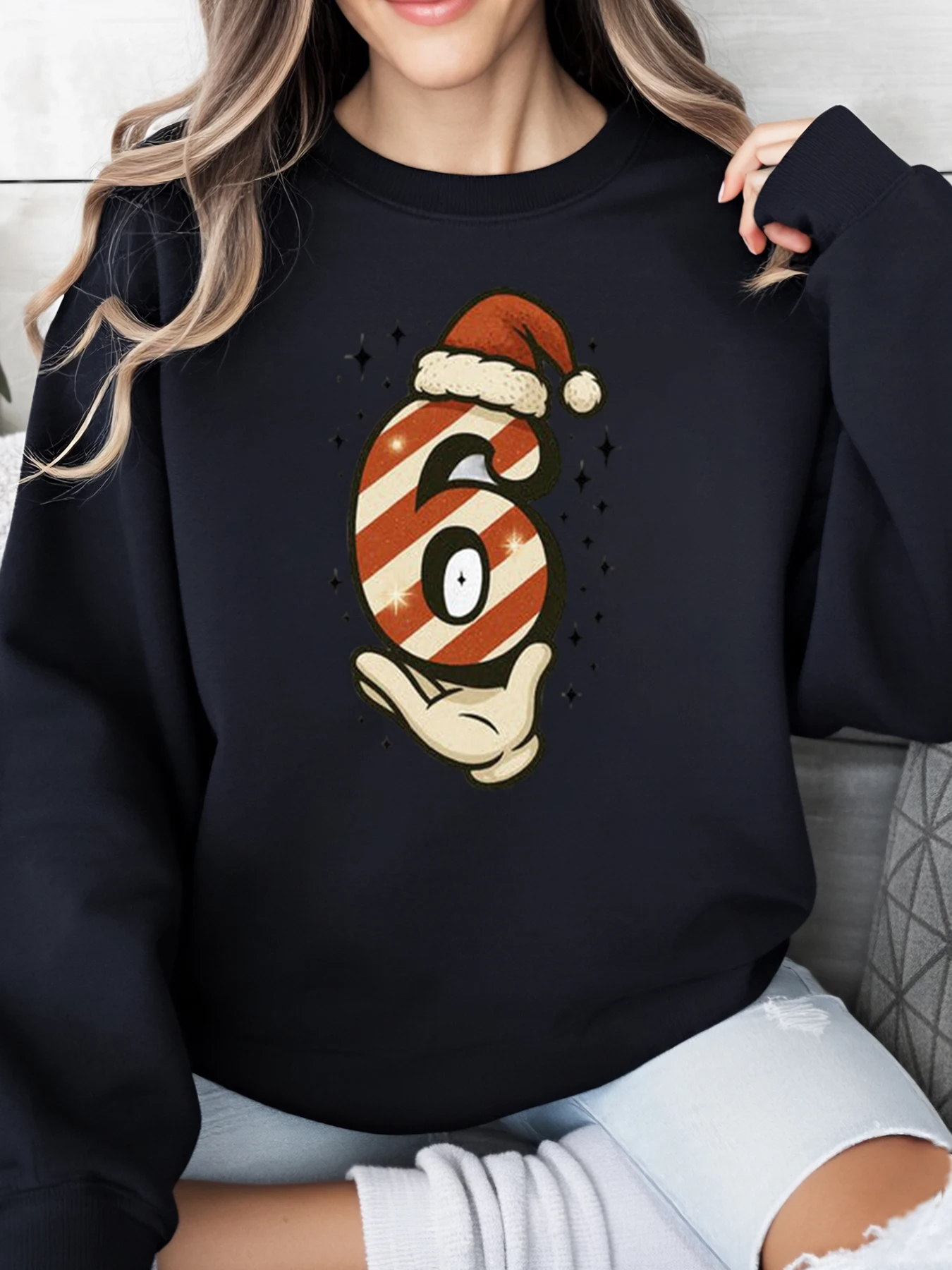 

Номер 6, Рождественская конфета, шляпа Санта-Клауса, толстовка с принтом, женская праздничная повседневная одежда, черный, большие размеры