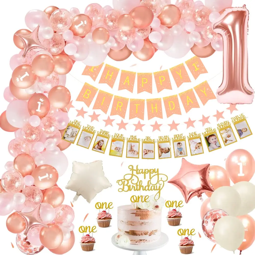 Kit de décorations de fête d\'anniversaire pour filles, ballon rose doré, bannière joyeux anniversaire, photo mensuelle, confettis