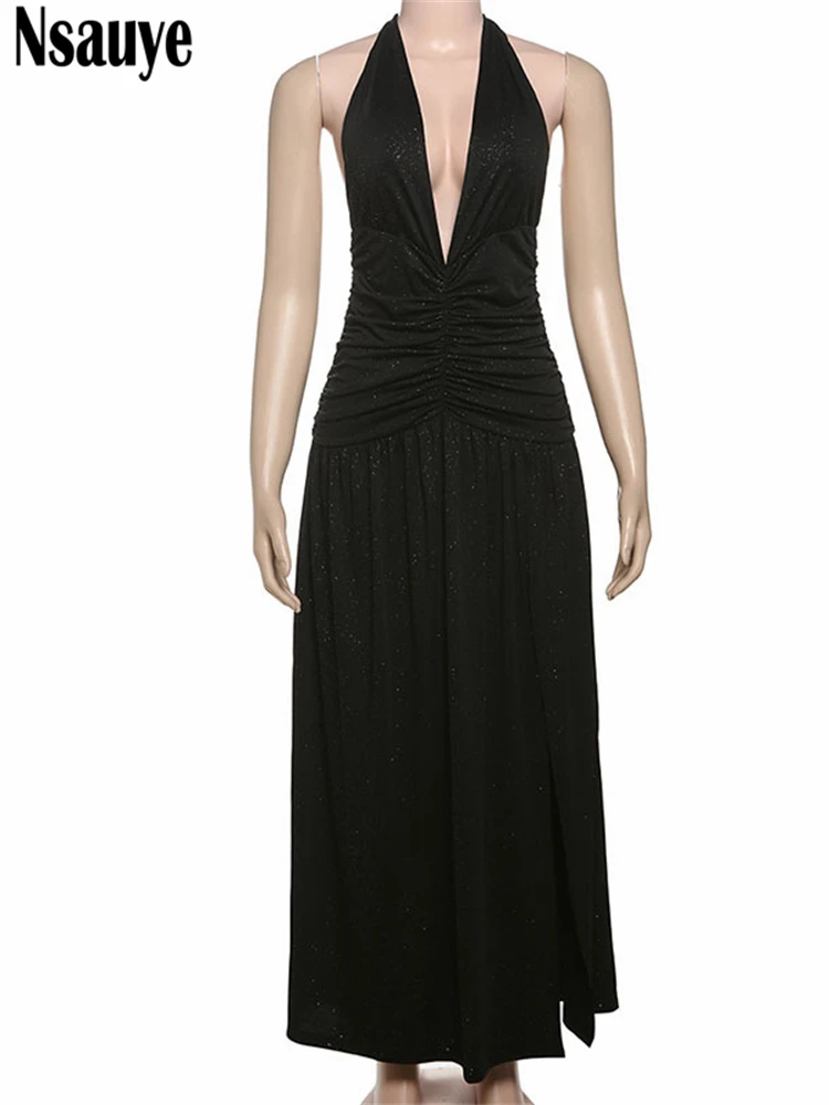 Nsauye Donne Sexy Low Cut Out New Fashion Vacation Abiti Abito Elegante Estate Pieghettato Lungo Vestito Da Sera Del Partito Clubwear 2025