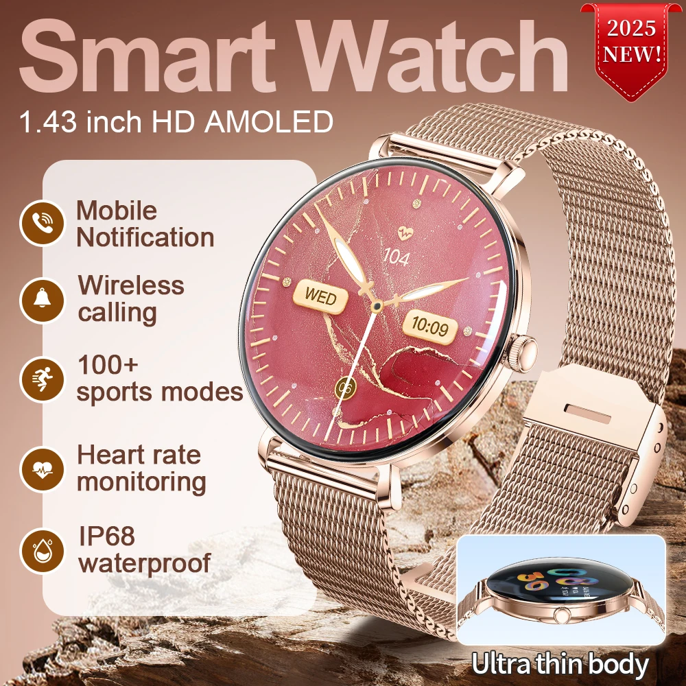 New Smart Watch Men 1.43‘‘ AMOLED Screen Luxury Women's Health Monitor Sleep Custom Dial Bluetooth Call Smartwatch Ladies Gift