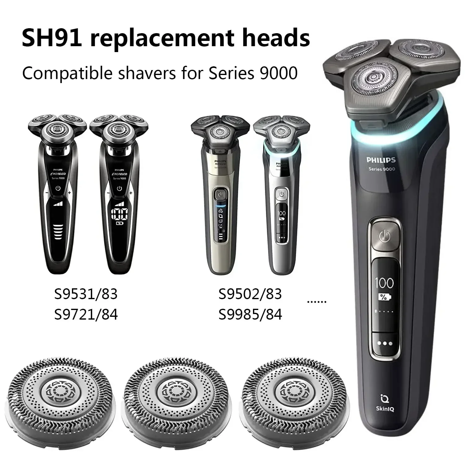 شفرات رؤوس بديلة SH91 مناسبة لسلسلة ماكينة الحلاقة فيليبس نوريلكو S9000 و9000 برستيج SP981X، SP9820، SP986X، SP9861، SP9863