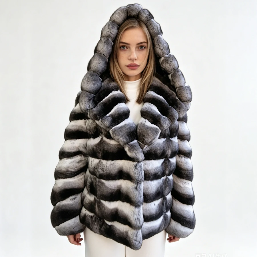 

Hooded Rex Rabbit Fur Jacket Chinchilla Coloured Jacket Winter Clothes For Woman Trending Natural Fur Coat