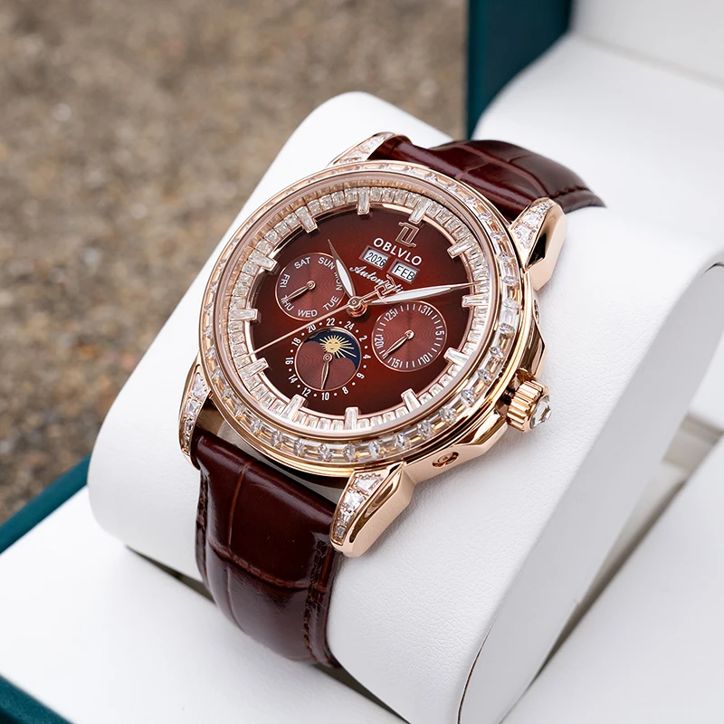 

OBLVLO Мужские автоматические часы 40 мм Механические наручные часы 5ATM Светящийся хрустальный безель Год, месяц, неделя, дата, 24 часа TY1655 Mov.