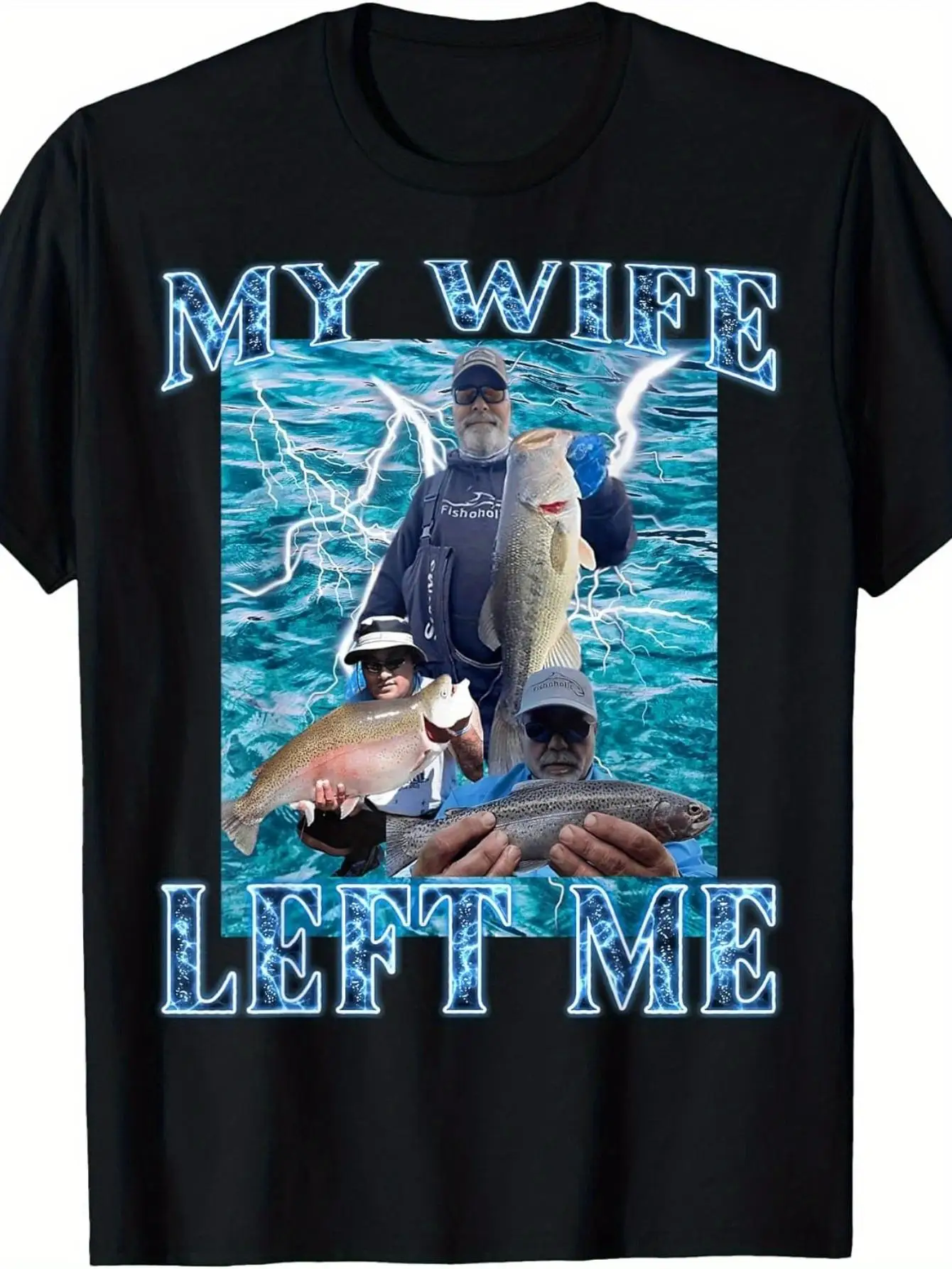 Men'S Funny My Wife Left Me Fishing Meme T-Shirt Black with Turquoise Print Wife Left Husband Joke Gift for Anglers