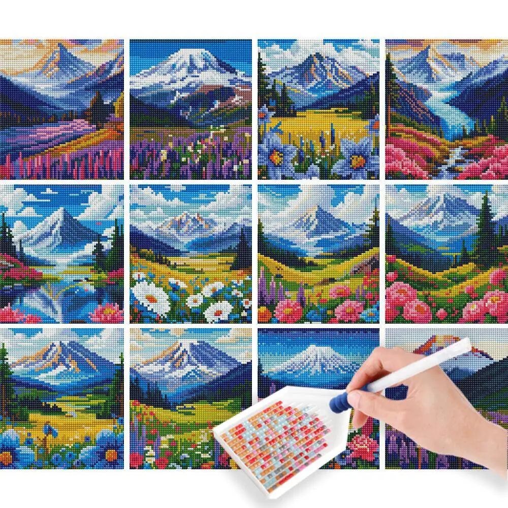 HUACAN 12 Stück DIY-Diamantgemälde, Landschaft, komplett, rund, Frühling, Mini-Diamant-Mosaik, Kunst, Berg, handgefertigt, Weihnachtsgeschenk, Urlaub
