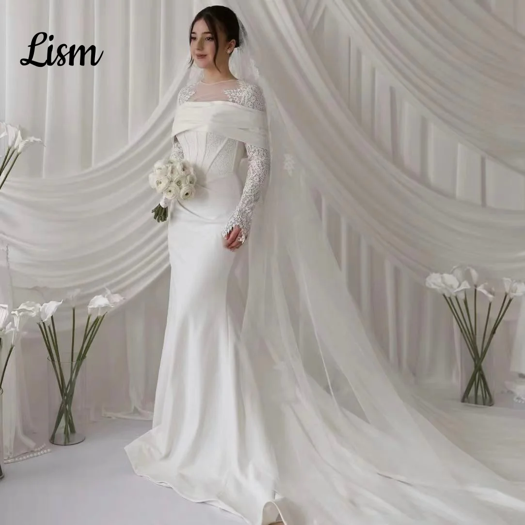 Lism Customized Modest Wedding Dress with Veil Lace Full Sleeves Lomng Train Mermaid Muslim Bridal Gown Vestido De Novia 2026